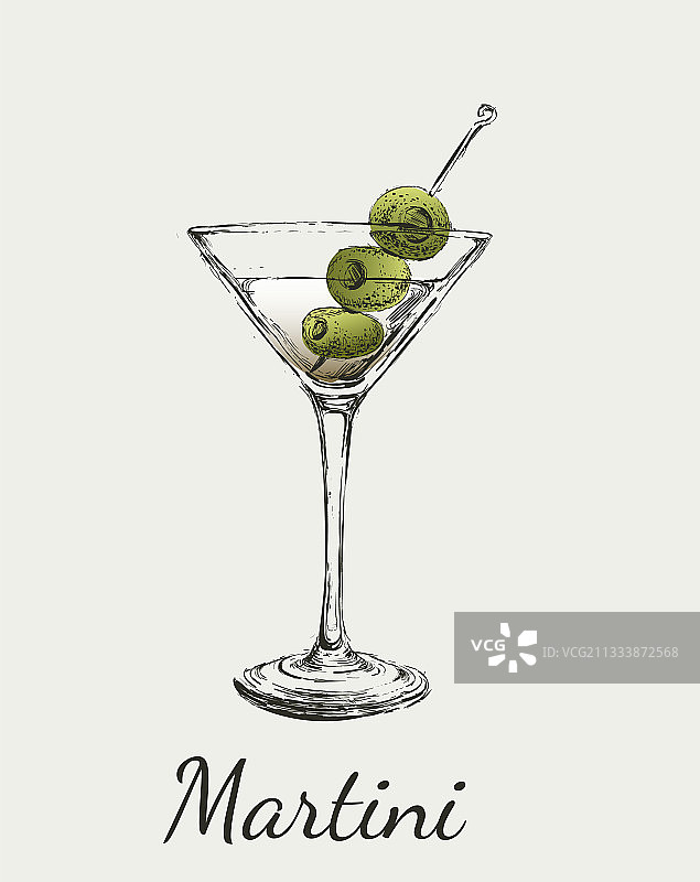 手绘橄榄马提尼鸡尾酒素描图片素材