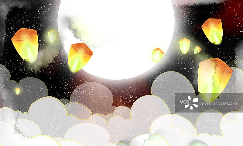 中国风夜晚孔明灯插画背景图片素材