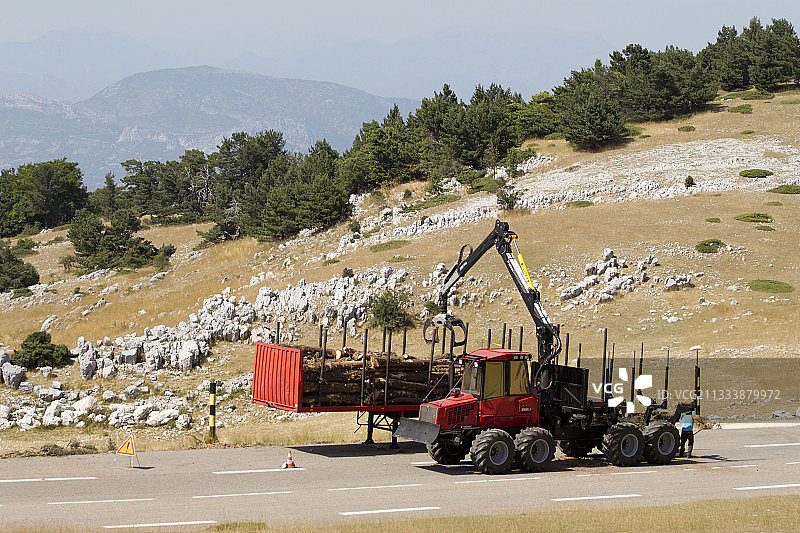 在法国用拖拉机装载切割好的树干图片素材