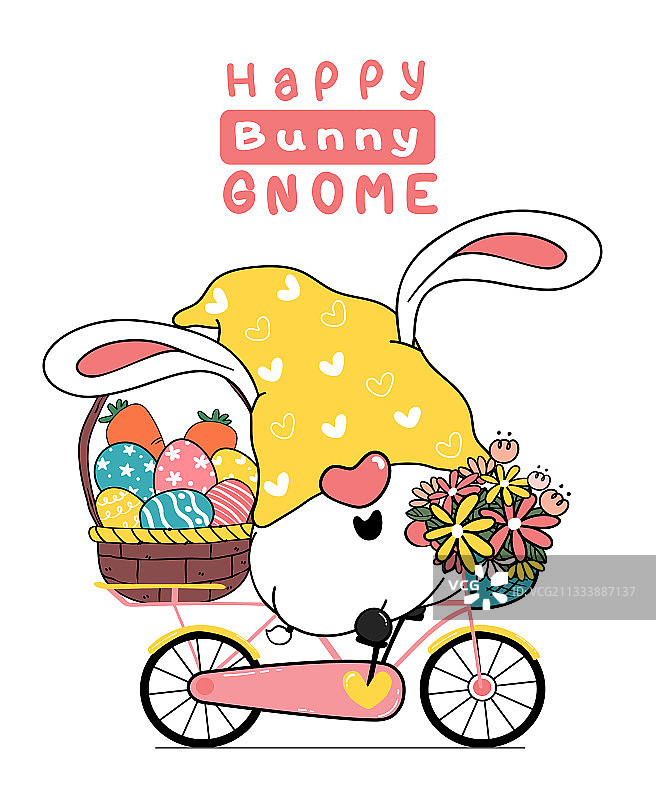 粉色背景上的可爱复活节小矮人卡通形象图片素材