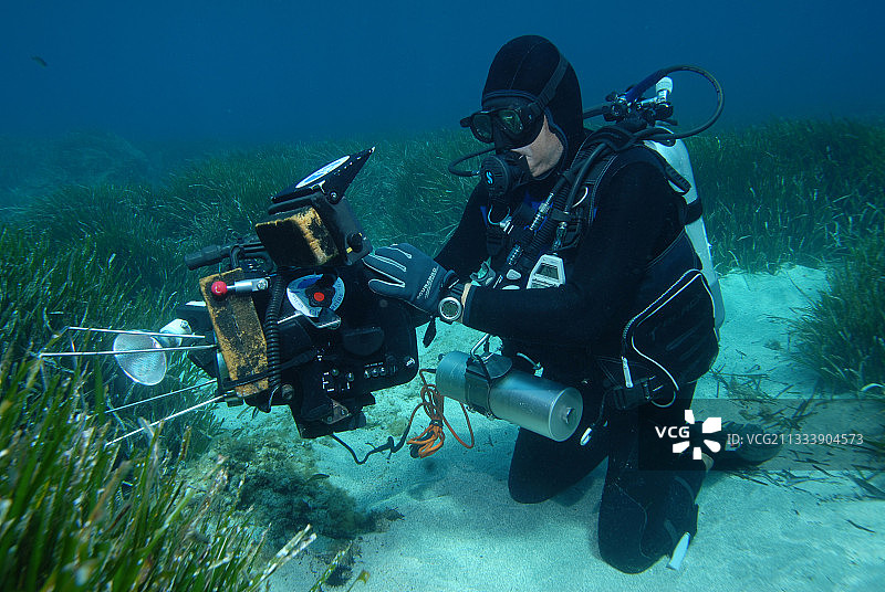 潜水员在法国地中海昂比耶拍摄海草图片素材