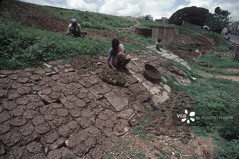 印度妇女在印度班加罗尔晾晒牛粪作燃料图片素材
