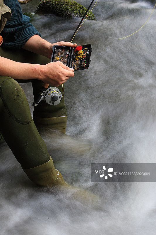 在法国的河流中选择飞蝇钓鳟鱼图片素材