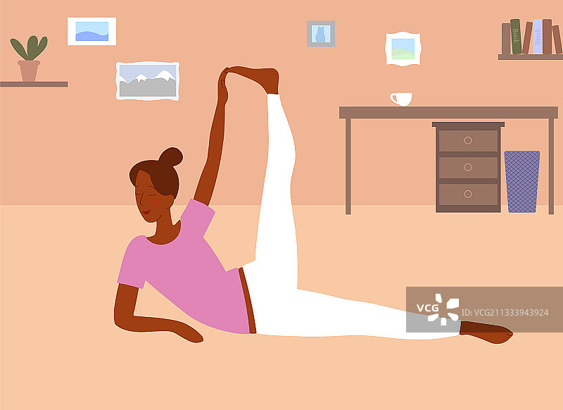 扁平风格居家运动瑜伽伸展女性图片素材