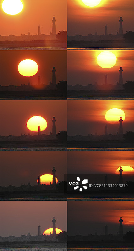 一年中的这个时候，太阳从西边落下。3月18日天气晴朗，可以拍摄计划中的三个系列照片中的第一个。第二个系列也很成功，尤其是当太阳落在Eckmühl堆栈灯塔后面时。唉，3月20日的天气多云。从3月18日和19日拍摄的照片创建了一个蒙太奇，以突出太阳在天空中的运动。在4张图像中的每一张上，我们都看到了3月18日和3月19日太阳圆盘的位置，在上方和右侧。灯塔的存在使得可以准确地叠加这些照片。图片素材