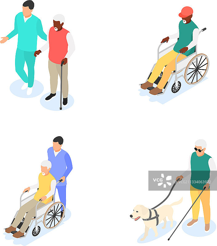 一群拄着拐杖和导盲犬的老年男人图片素材