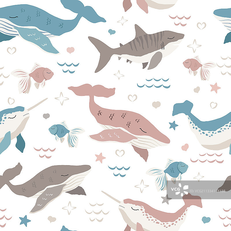 可爱的鲸鱼、鲨鱼和独角鲸无缝图案图片素材