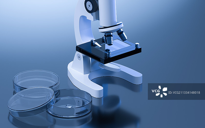实验室内的玻璃器皿与显微镜 3D渲染图片素材