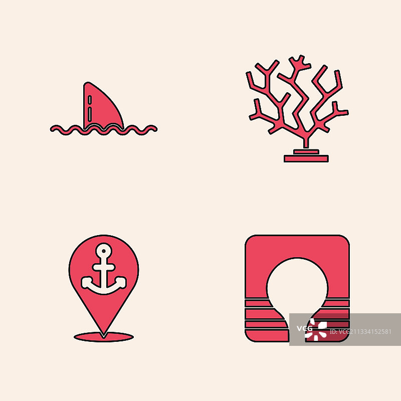 救生衣鲨鱼鳍海浪珊瑚套装图片素材