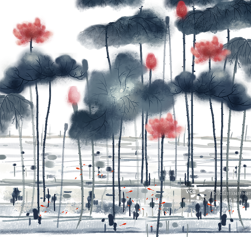 写意国画水墨荷塘 夏至的荷叶与荷花图片素材