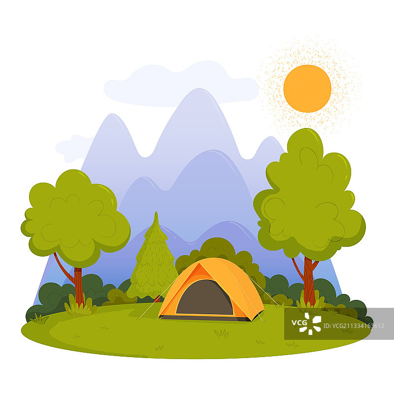 夏日阳光明媚的露营地景观与帐篷图片素材