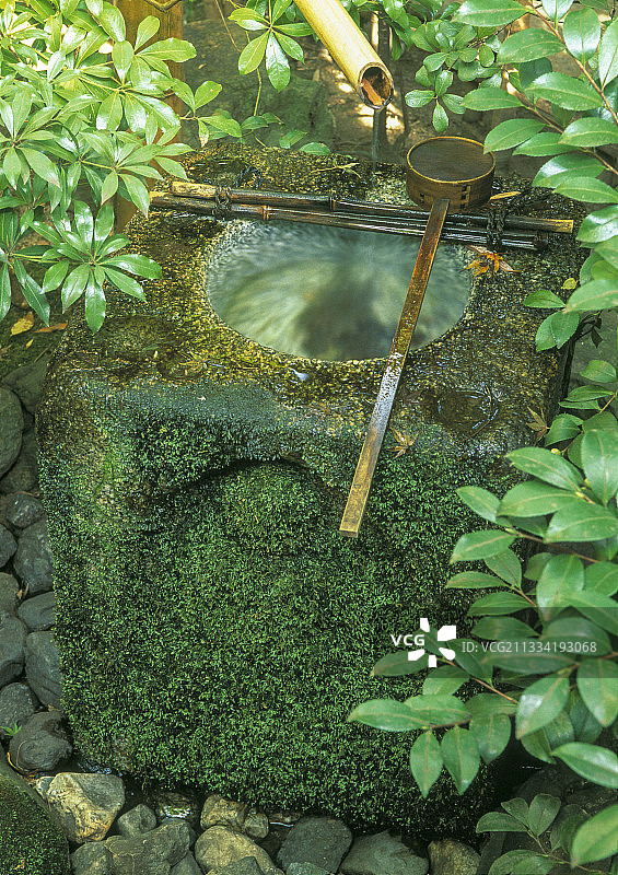 日本京都私人庭院的蹲踞净手池图片素材