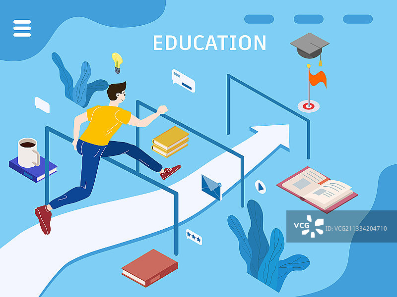 年轻人沿着方向箭头奔跑的概念图片素材