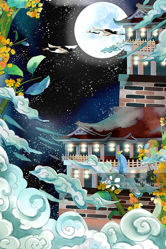 中国风天宫插画背景图片素材