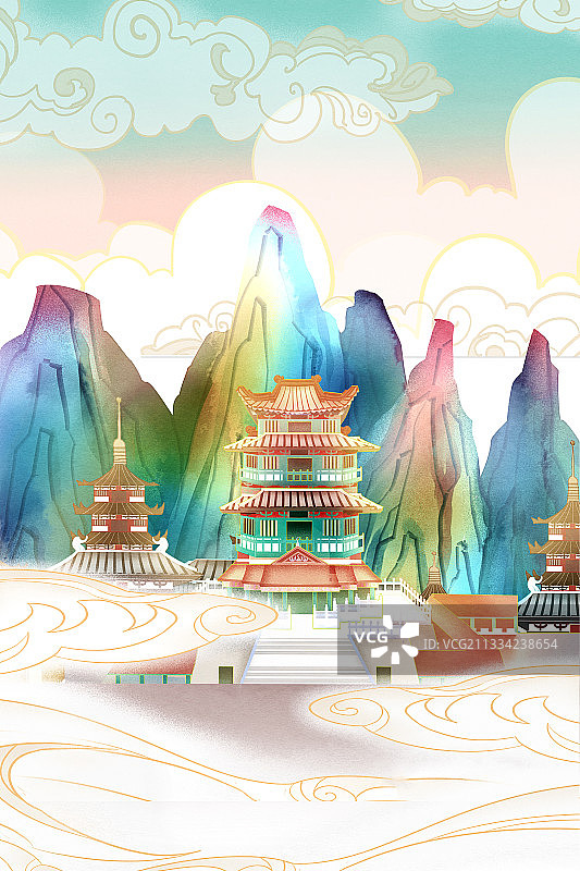 中国风建筑插画背景图片素材