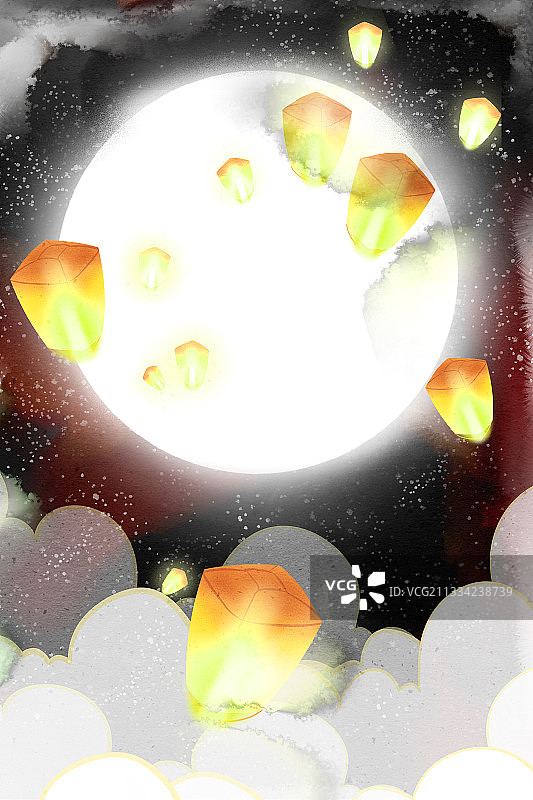 中国风夜晚孔明灯插画背景图片素材