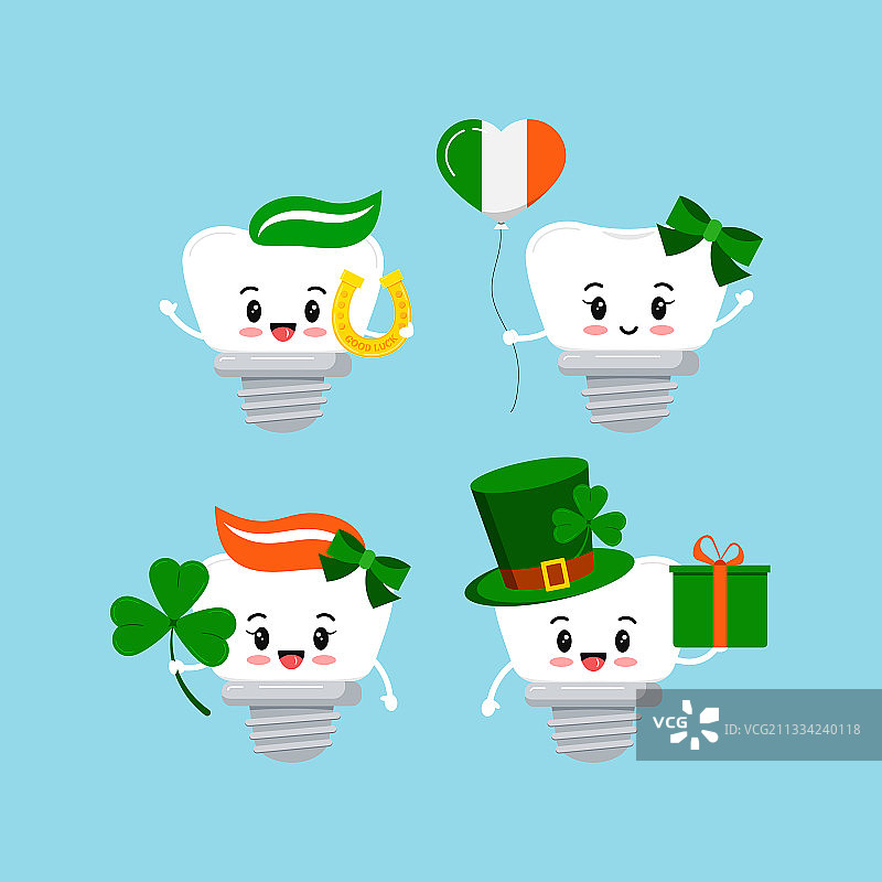 圣帕特里克节可爱牙齿种植牙图标集图片素材