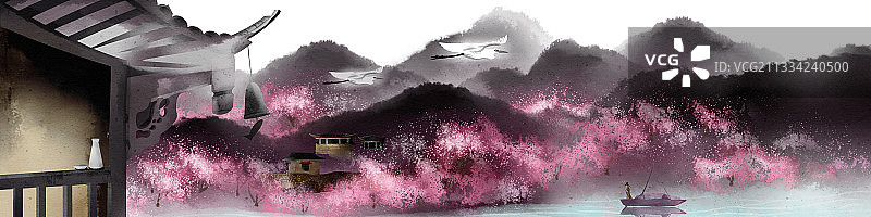 中国风桃源山林插画背景图片素材