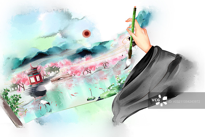 中国风画江山插画元素图片素材