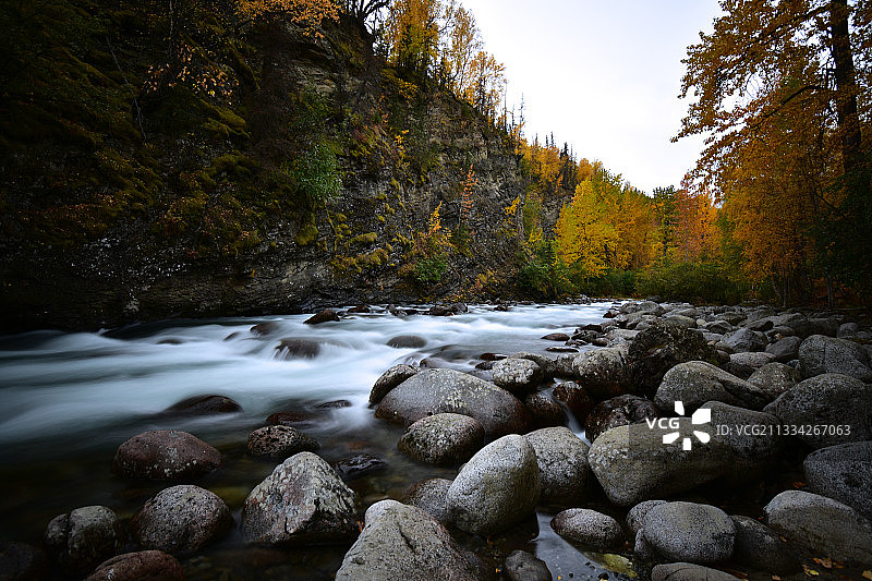 美国阿拉斯加小苏西特纳河的森林岩石溪流美景图片素材