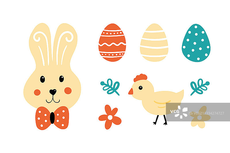 复活节兔子装饰彩蛋小鸡与鲜花图片素材