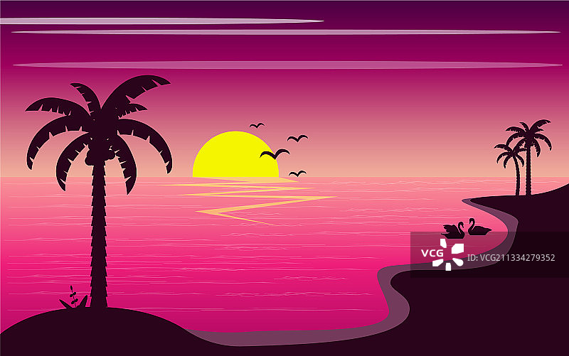 美丽日落海滩复古风格和棕榈树图片素材