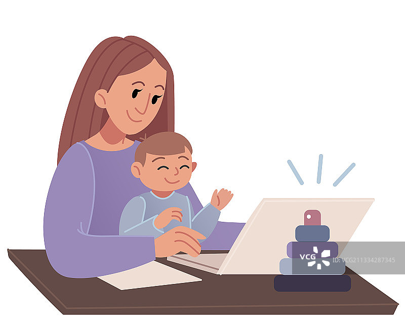 工作中的母亲和笔记本电脑图片素材