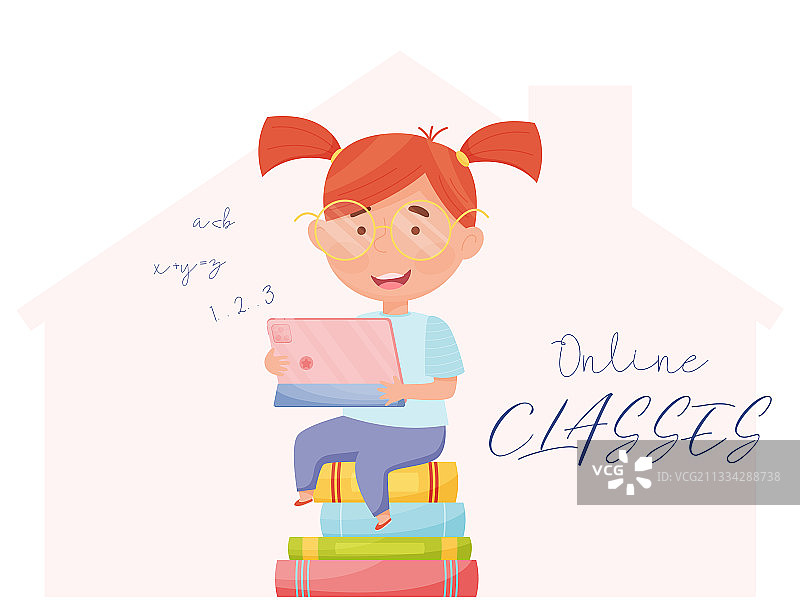 在线课程中手持平板电脑的快乐女孩图片素材