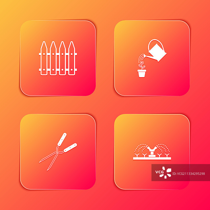 花园栅栏、浇水壶、园艺手工制品套装图片素材