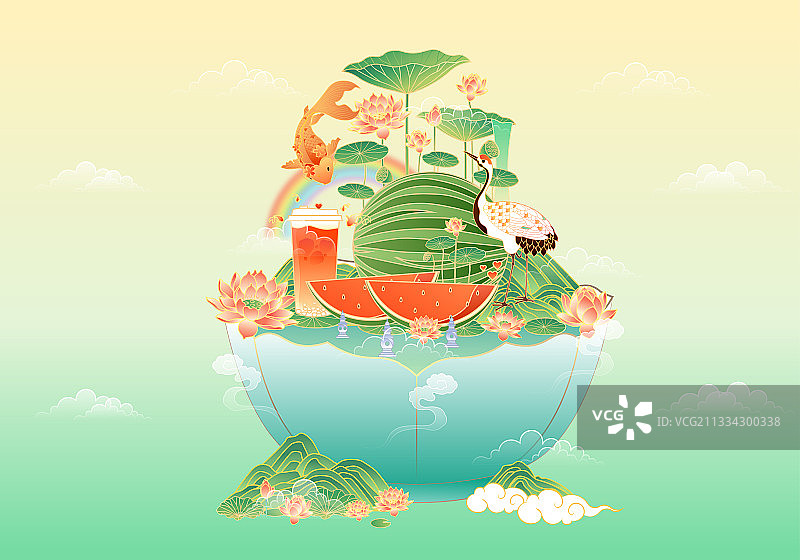 西瓜夏天清新国风矢量插画图片素材