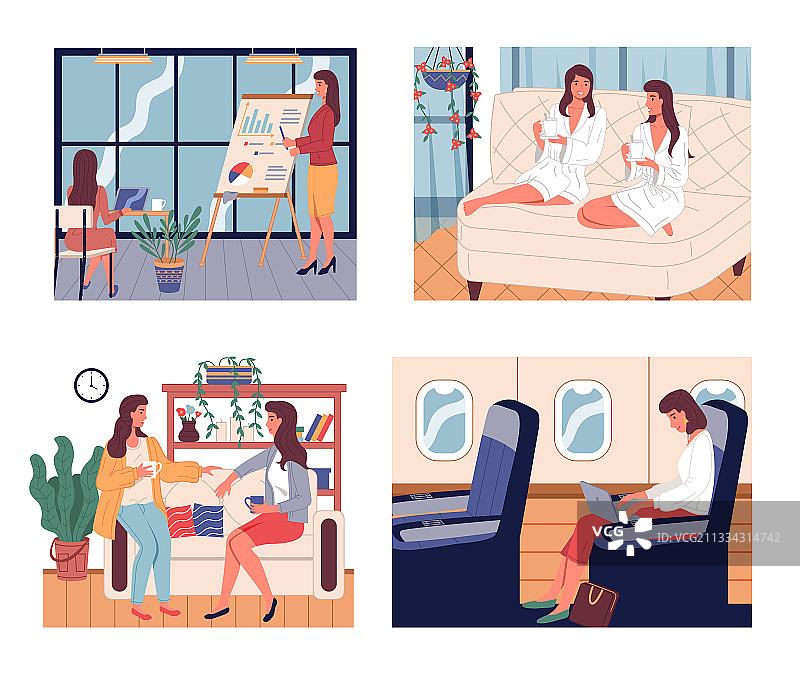 女商人生活场景：飞机上或办公室图片素材