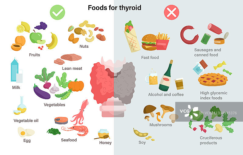 一套有益和有害甲状腺的食品图片素材