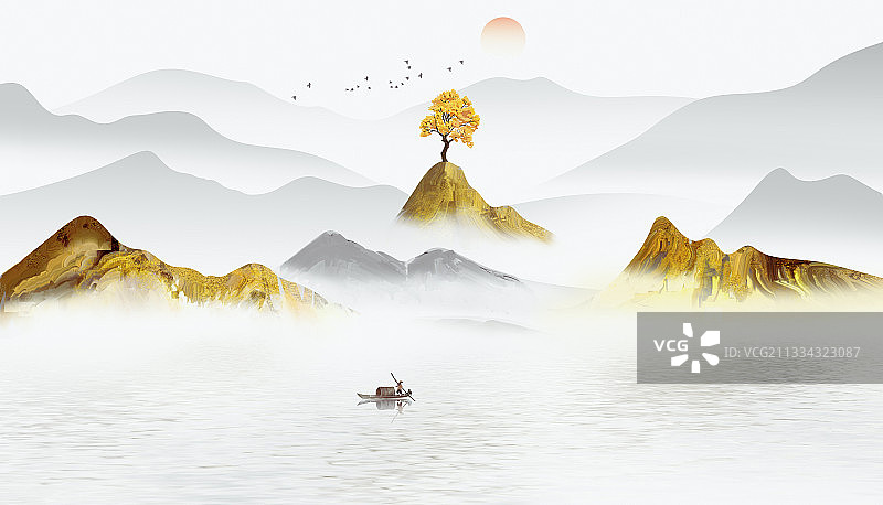 金色山水背景插画图片素材