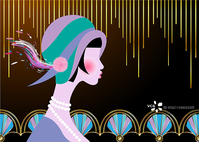 戴帽子装饰艺术金色复古派对女郎图片素材
