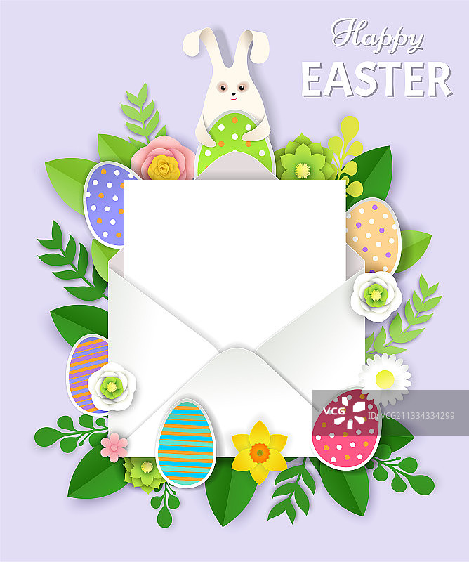 可爱的兔子、复活节彩蛋、鲜花和信封图片素材