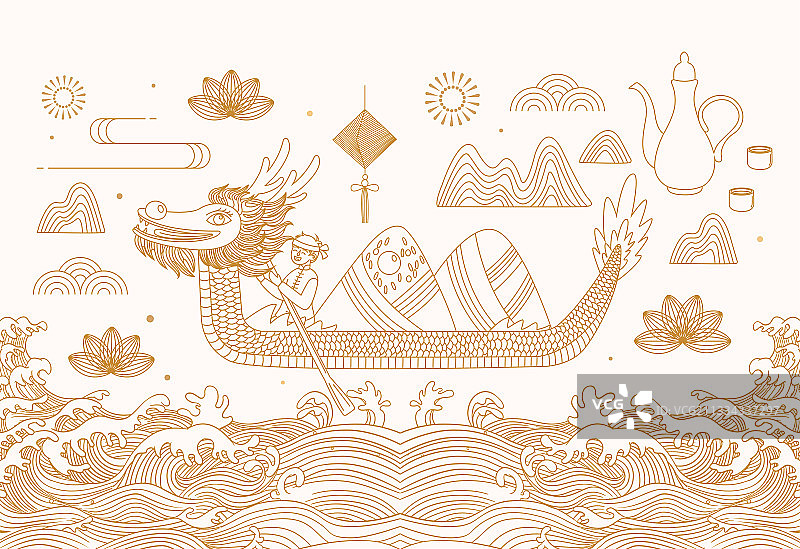 端午节粽子赛龙舟新中式线描矢量插画海报图片素材