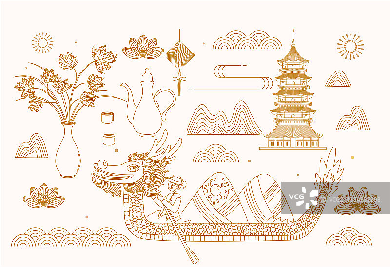 端午节粽子赛龙舟新中式线描矢量插画海报图片素材