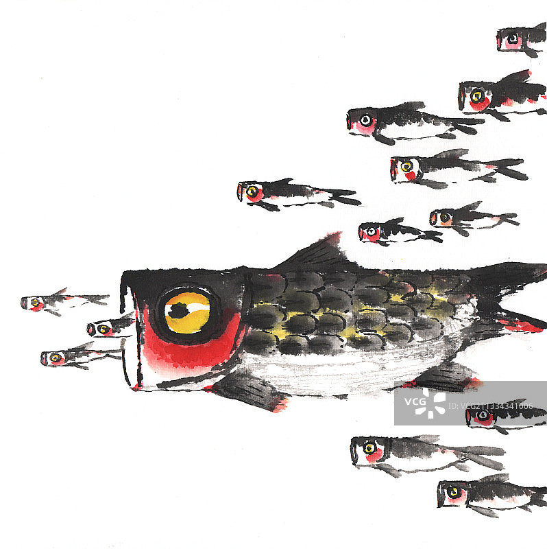 水墨系列插画 大鱼吃小鱼图片素材