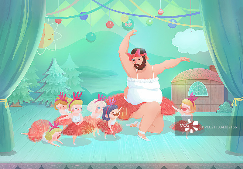 儿童节插画红绿色调舞台剧图片素材