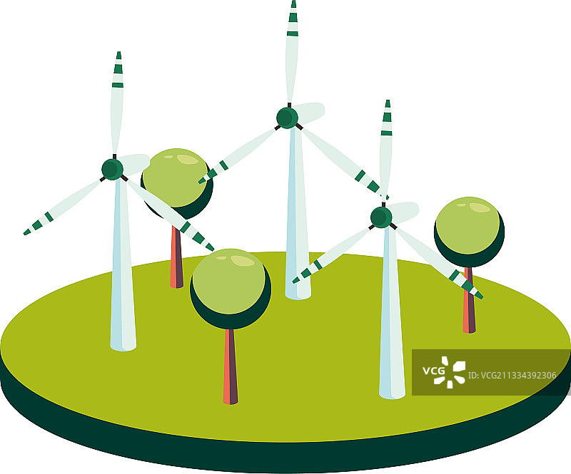 2.5D树木风力发电机插画图片素材