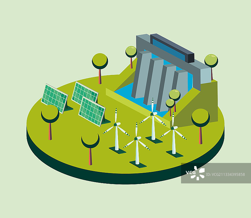 生态大坝太阳能电池板和风车图片素材