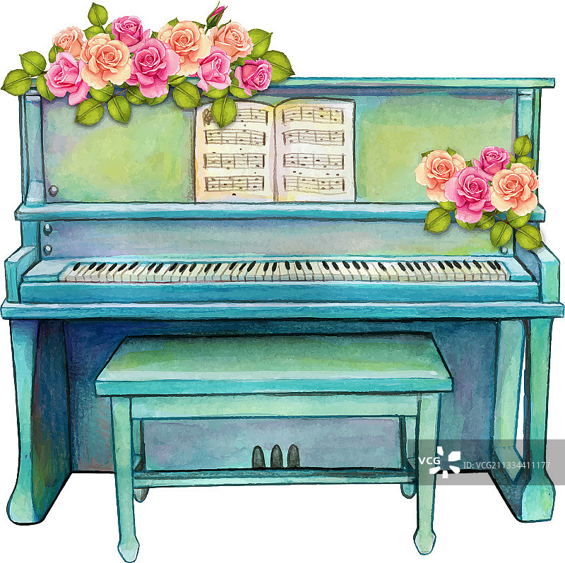 水彩绿松石色直立钢琴与玫瑰图片素材
