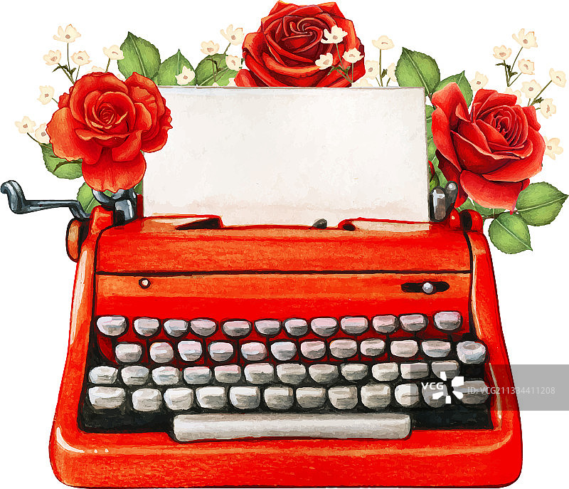 复古水彩红色打字机与玫瑰图片素材