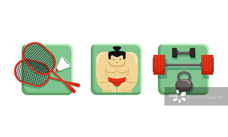方形运动图标套装：网球、相扑图片素材
