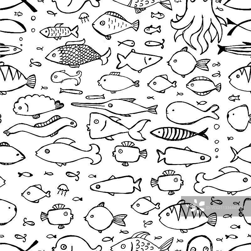 手绘涂鸦鱼类无缝图案图片素材