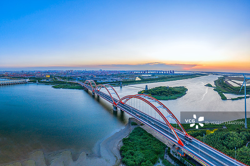 天津市滨海新区中新生态城北塘古镇彩虹桥航拍全景图图片素材