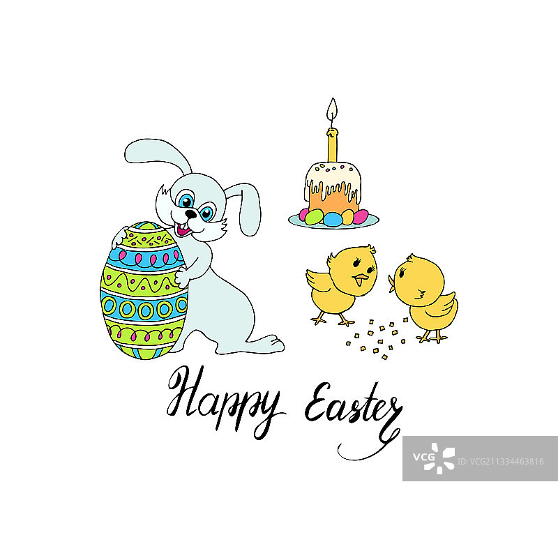 小鸡兔子蛋糕复活节明亮套装图片素材