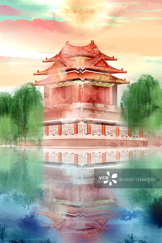 中国风故宫风景插画背景图片素材