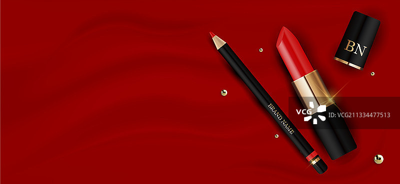 3D逼真红色口红和红色丝绸上的铅笔图片素材
