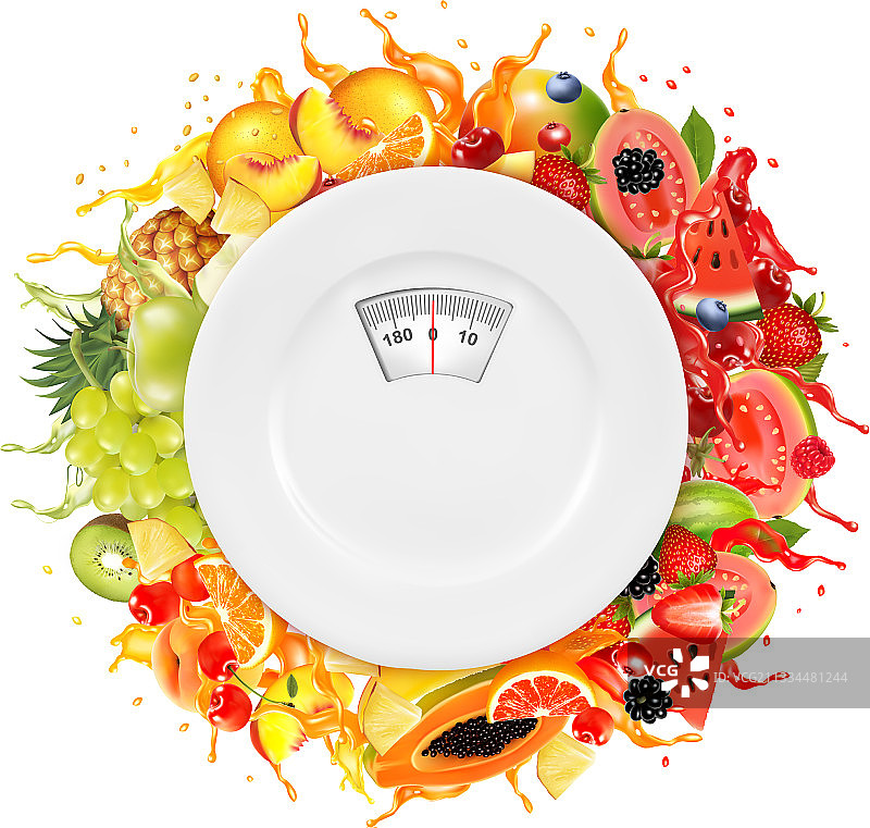 果汁飞溅和带体重秤的盘子中的水果图片素材